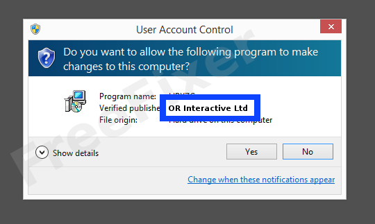 Screenshot where OR Interactive Ltd appears as the verified publisher in the UAC dialog